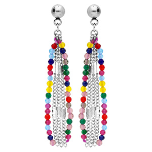 Boucles d\'oreille en acier chanettes et pierres multi couleurs et fermoir poussette - Vue 1