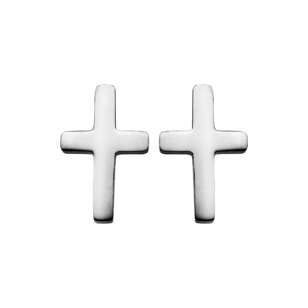 Boucles d\'oreille en acier croix lisse et fermoir poussette - Vue 1