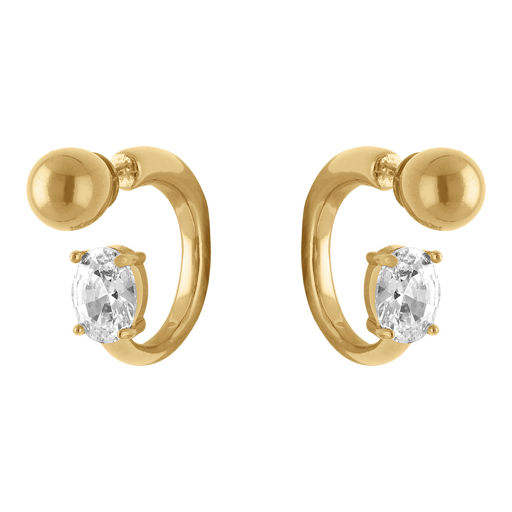 Boucles d\'oreille en acier dor� avecboule et oxyde blanc serti - Vue 1