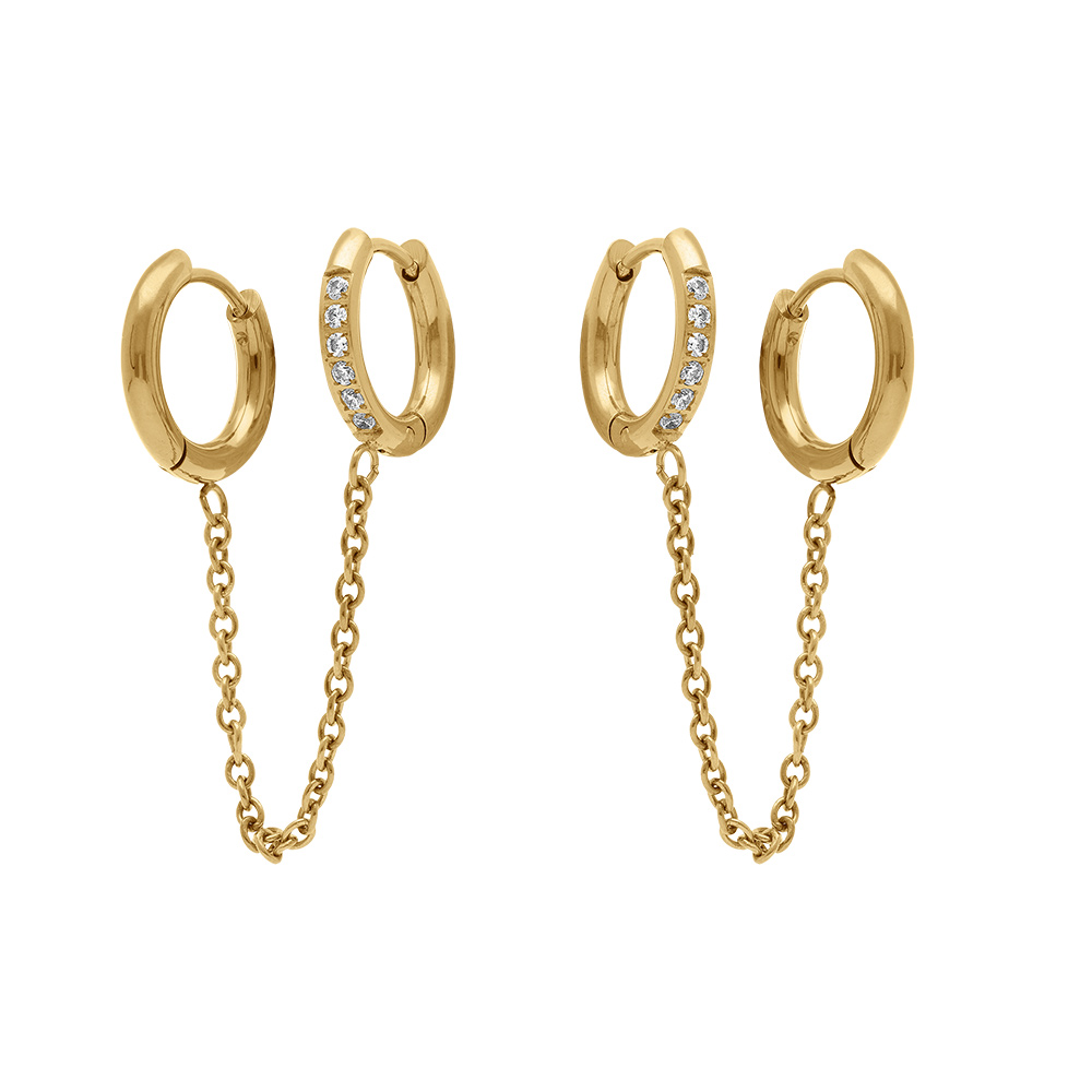 Boucles d\'oreille en acier dor compos de petits anneaux un lisse et l\'autre avec oxydes blancs sertis relis par une chainette - Vue 1