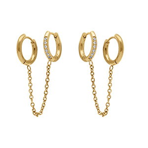 Boucles d'oreille en acier dor compos de petits anneaux un lisse et l'autre avec oxydes blancs sertis relis par une chainette