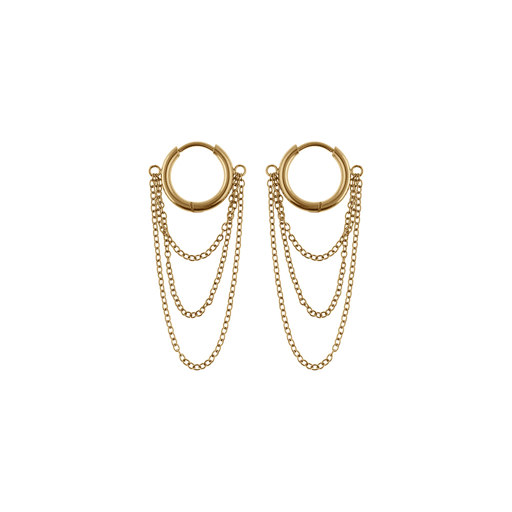 Boucles d\'oreille en acier dor croles 10mm avec 3 chanettes - Vue 1