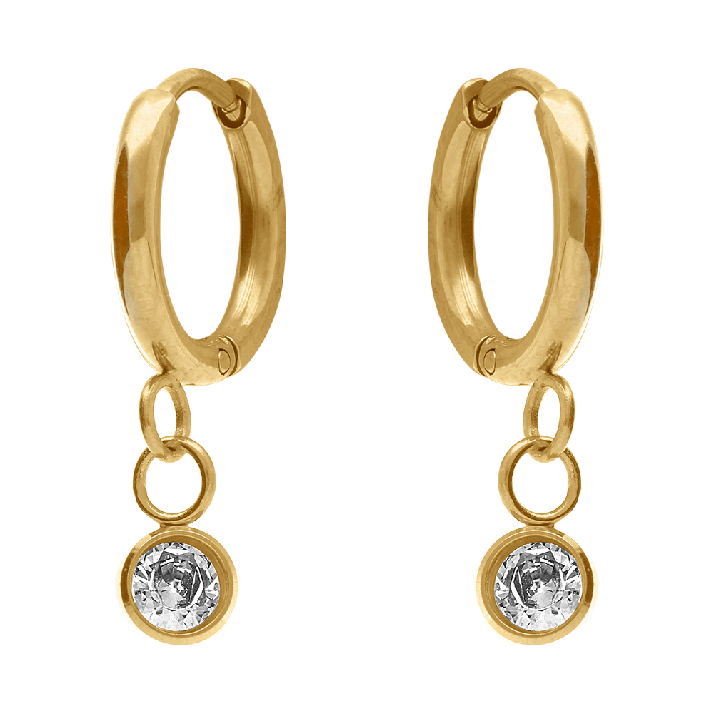 Boucles d\'oreille en acier dor� cr�oles articul�es avec un oxyde blanc serti clos - Vue 1