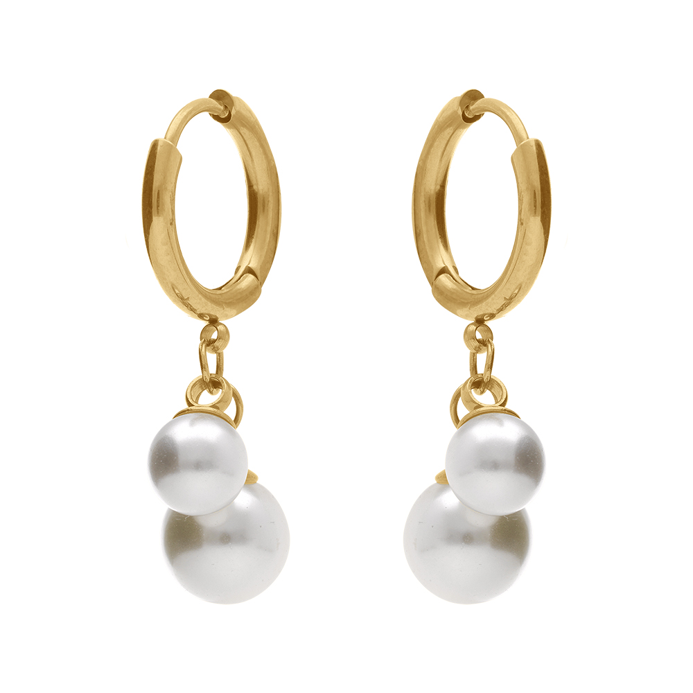 Boucles d\'oreille en acier dor� cr�oles articul�es deux perles blanches imitation - Vue 1