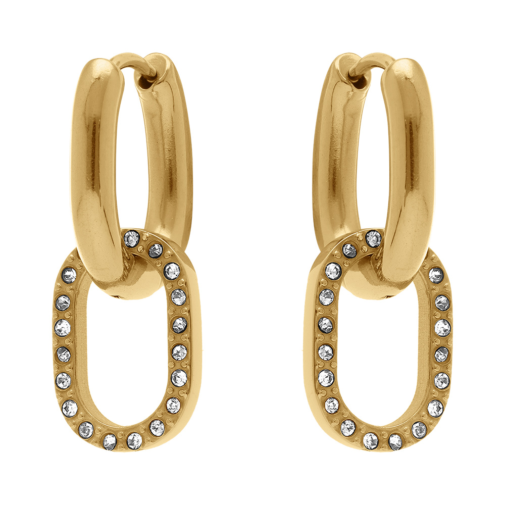 Boucles d\'oreille en acier dor� cr�oles avec pendentif oval pav� d\'oxydes sertis - Vue 1