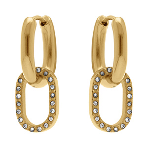 Boucles d'oreille en acier dor� cr�oles avec pendentif oval pav� d'oxydes sertis