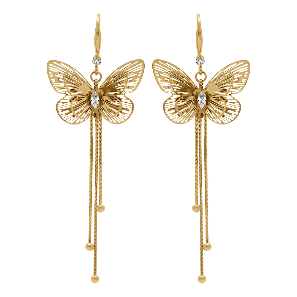 Boucles d\'oreille en acier dor� crochet papillon d\'oxyde blanc et pendant  trois fils - Vue 1