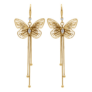 Boucles d'oreille en acier dor� crochet papillon d'oxyde blanc et pendant  trois fils