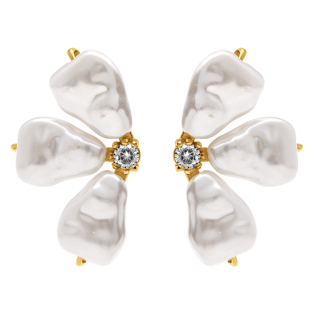 Boucles d\'oreille en acier dor� demi fleur r�sine blanche - Vue 1