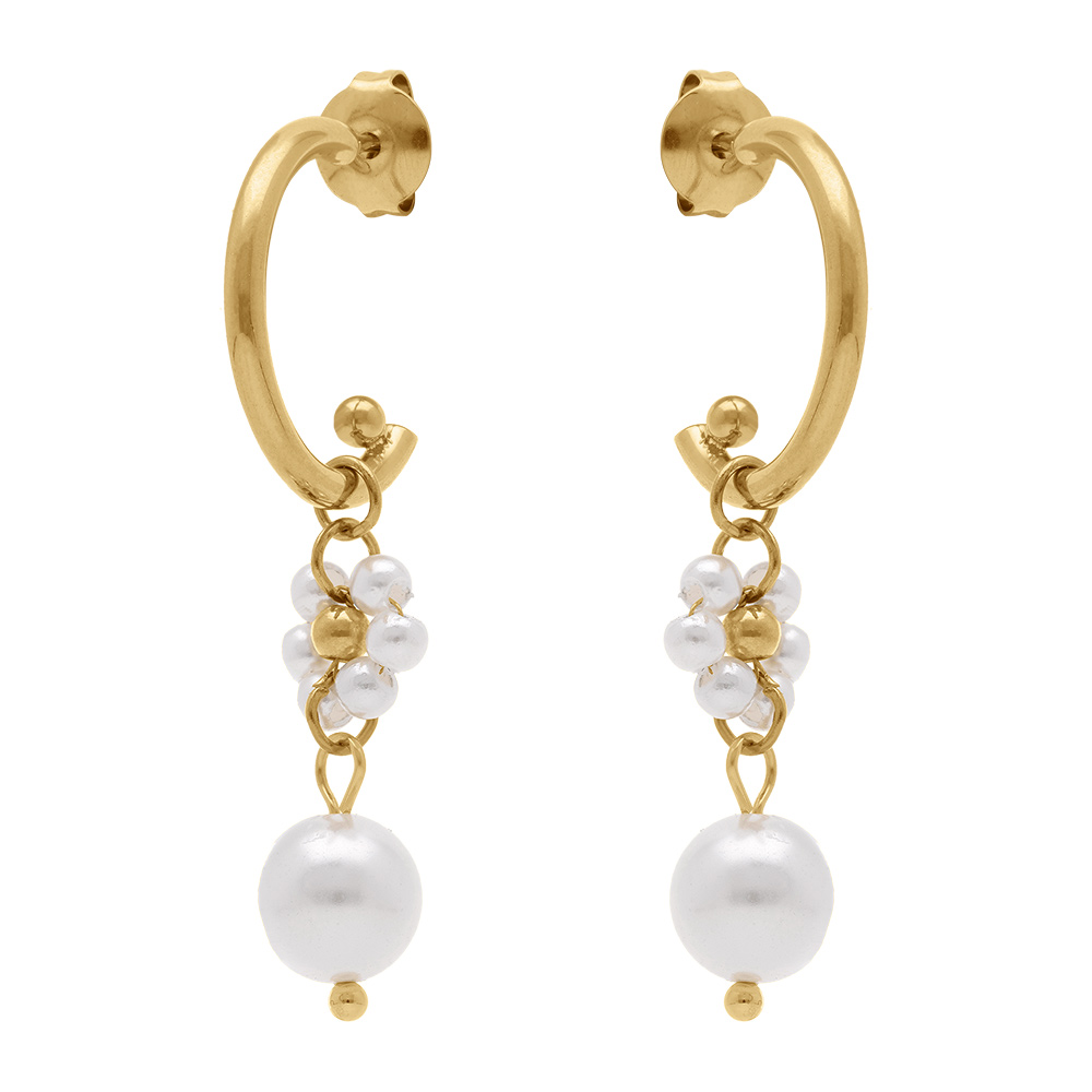 Boucles d\'oreille en acier dor�  fleur et boule blanche pendantes - Vue 1
