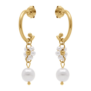 Boucles d'oreille en acier dor�  fleur et boule blanche pendantes