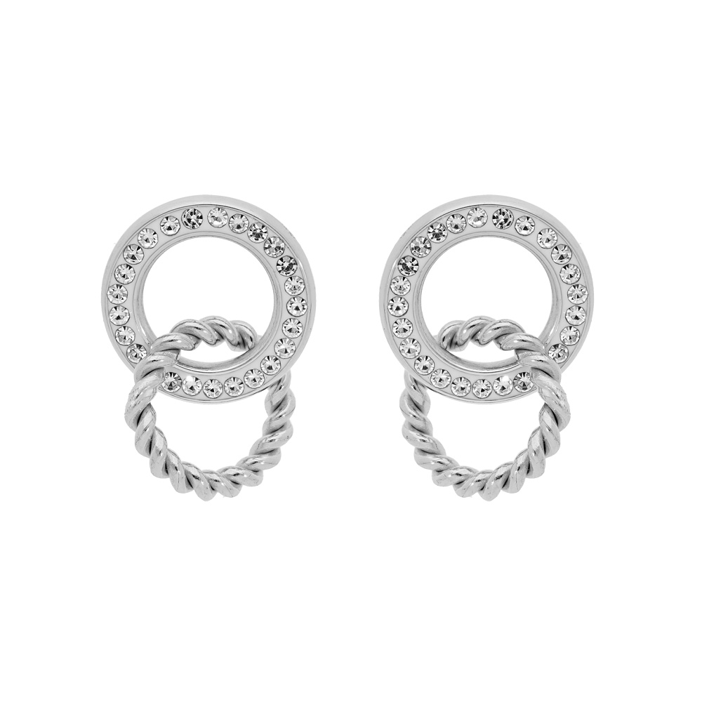 Boucles d\'oreille en acier double anneau oxydes blancs sertis et torsade entrem�l�s et fermoir poussette - Vue 1