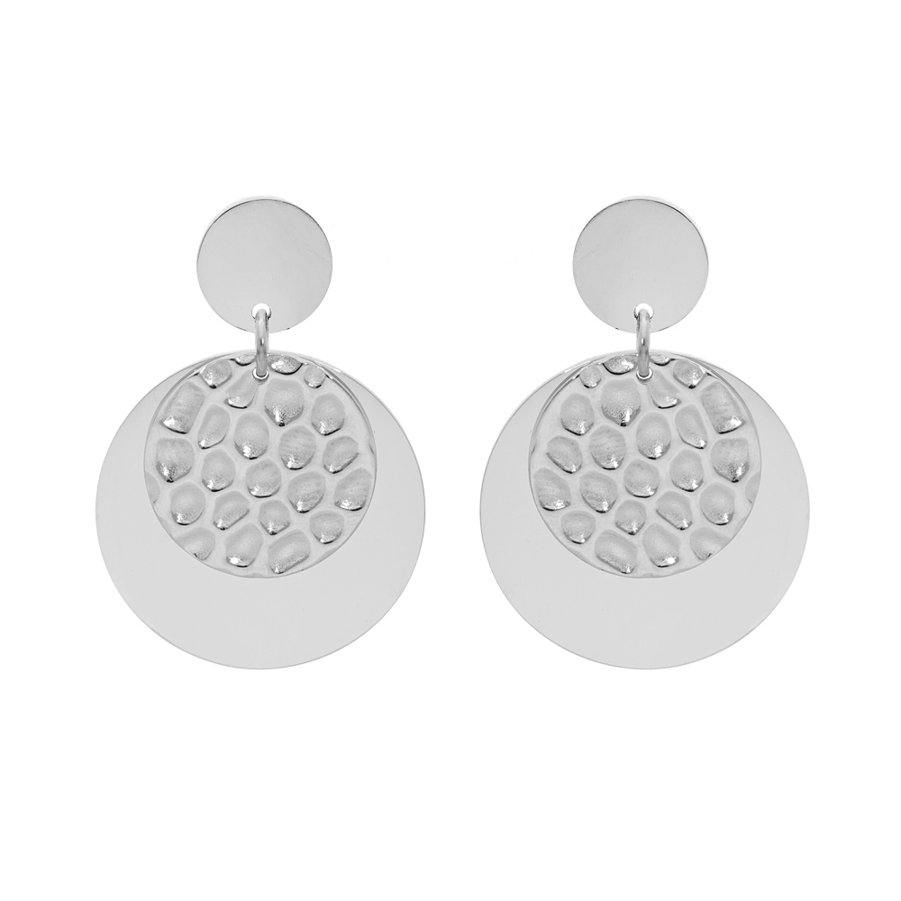Boucles d\'oreille en acier double pastille lisse et motif et fermoir poussette - Vue 1