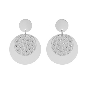 Boucles d\'oreille en acier double pastille lisse et motif et fermoir poussette - Vue 1