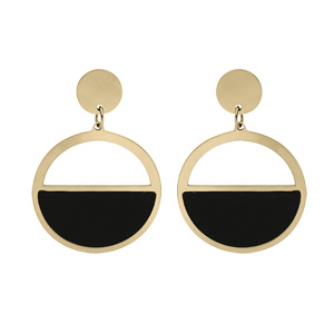 Boucles d\'oreille en acier et PVD jaune anneau suspendu et demi cercle noir fermoir poussette - Vue 1