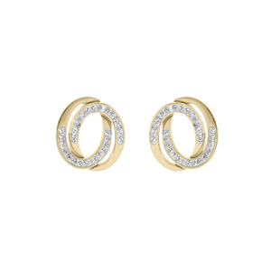 Boucles d\'oreille en acier et PVD jaune double cercle entrelacs avec oxydes blancs et fermoir poussette - Vue 1