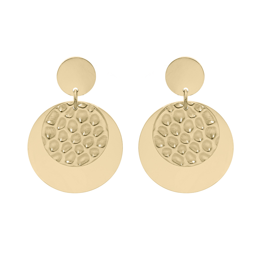 Boucles d\'oreille en acier et PVD jaune double pastille lisse et motif et fermoir poussette - Vue 1