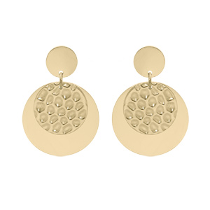 Boucles d\'oreille en acier et PVD jaune double pastille lisse et motif et fermoir poussette - Vue 1