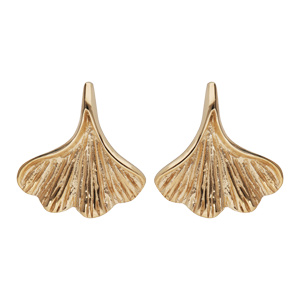 Boucles d\'oreille en acier et PVd jaune feuille de Gonkgo Biloba et fermoir poussette - Vue 1