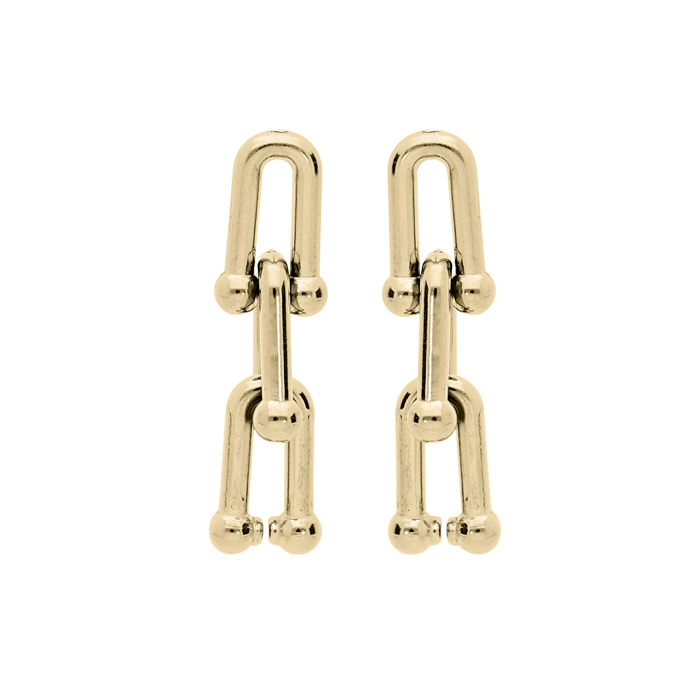 Boucles d\'oreille en acier et PVD jaune 3 maillons fer � cheval et fermoir poussette - Vue 1