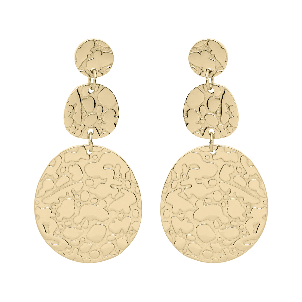 Boucles d\'oreille en acier et PVD jaune motif en relief et fermoir poussette - Vue 1