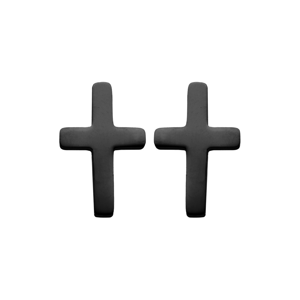 Boucles d\'oreille en acier et PVD noir croix lisse et fermoir poussette - Vue 1