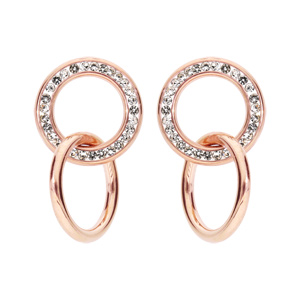 Boucles d\'oreille en acier et PVD rose double cercle et oxydes blancs sertis et fermoir poussette - Vue 1