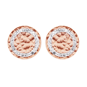 Boucles d\'oreille en acier et PVD rose pastille froisse et oxydes blancs sertis fermoir poussette - Vue 1