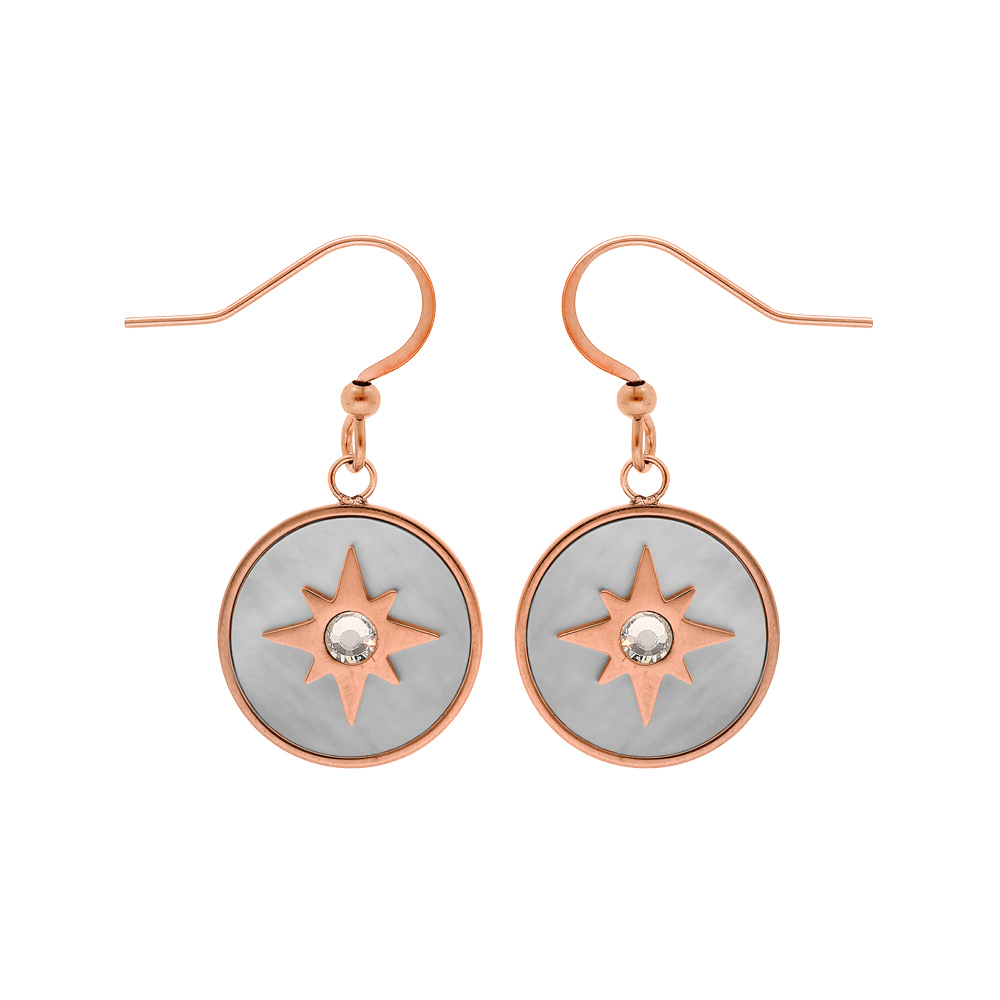 Boucles d\'oreille en acier et PVD rose pastille soleil suspendue et fermoir crochet - Vue 1