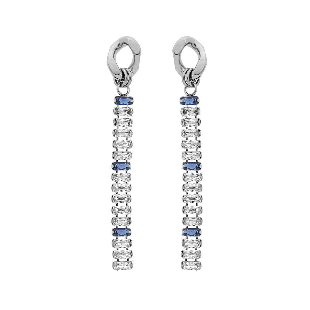 Boucles d\'oreille en acier pendantes avec cha�nette d\'oxydes blancs et bleu fonc� sertis en cascade et fermoir poussette - Vue 1