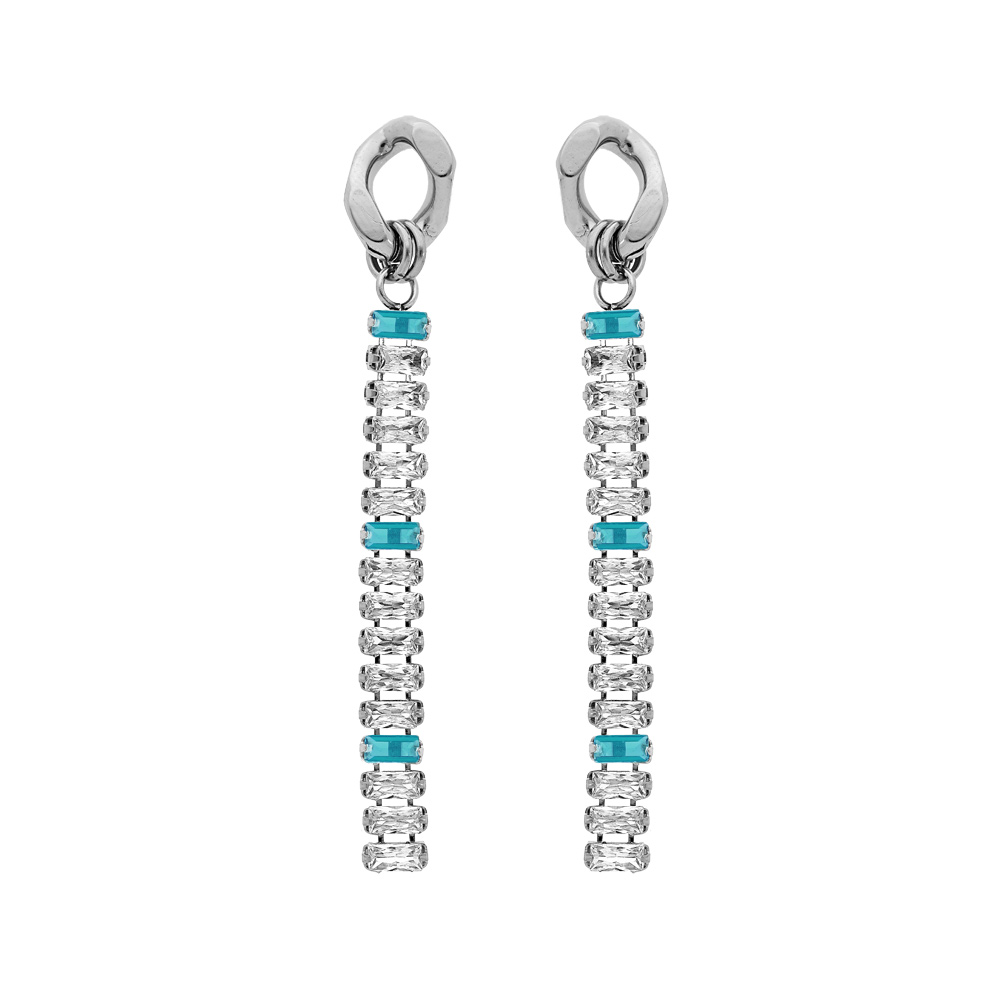 Boucles d\'oreille en acier pendantes avec cha�nette d\'oxydes blancs et Topaze bleu sertis en cascade et fermoir poussette - Vue 1