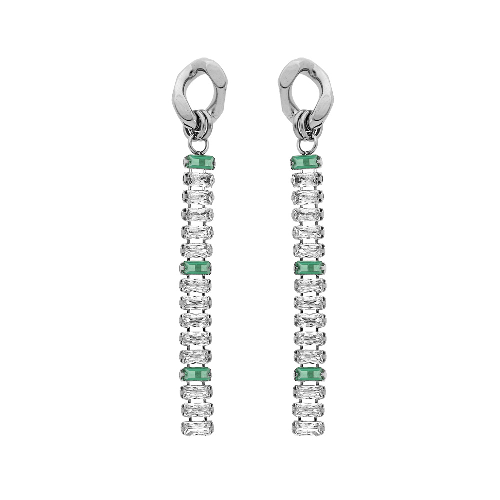 Boucles d\'oreille en acier pendantes avec cha�nette d\'oxydes blancs et vert sertis en cascade et fermoir poussette - Vue 1
