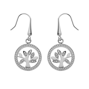 Boucles d\'oreille en acier ronde arbre de vie oxydes blancs et fermoir crochet - Vue 1