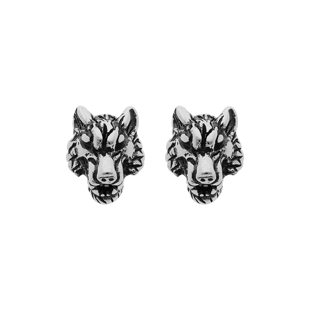 Boucles d\'oreille en acier t�te de loup et fermoir poussette - Vue 1