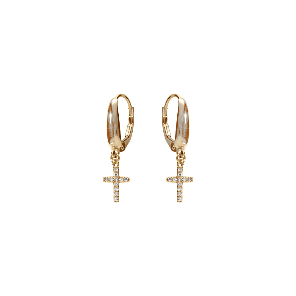 Boucles d\'oreille en argent dor� avec croix suspendues avec oxydes blancs - Vue 1