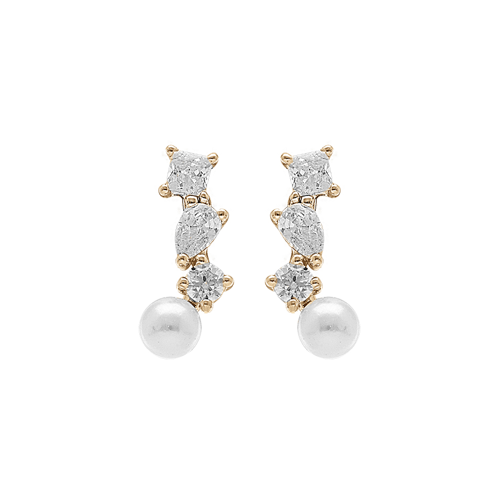 Boucles d\'oreille en argent dor avec perle de culture d\'eau douce blanche avec 3 oxydes blancs - Vue 1