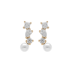 Boucles d\'oreille en argent doré avec perle de culture d\'eau douce blanche avec 3 oxydes blancs - Vue 1