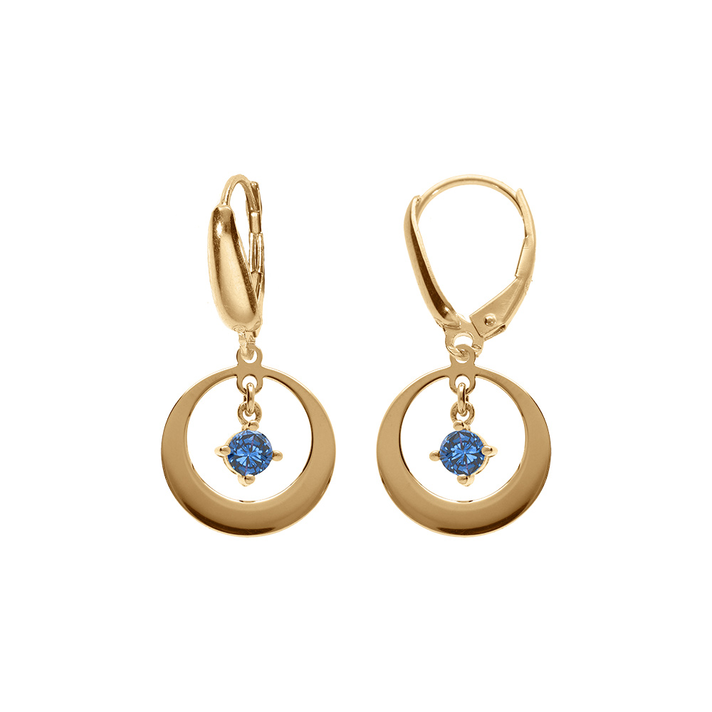 Boucles d\'oreille en argent dor�, forme cercle avec un oxyde bleu fonc� pendant, fermoir dormeuse - Vue 1