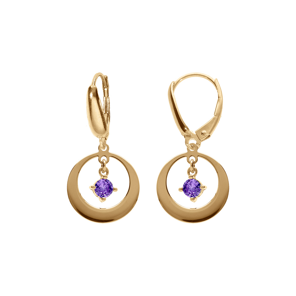 Boucles d\'oreille en argent dor�, forme cercle avec un oxyde violet pendant, fermoir dormeuse - Vue 1