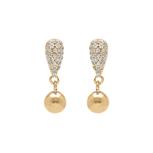 Boucles d\'oreille en argent doré forme goutte pavée d\'oxydes blancs et boule lisse - Vue 1