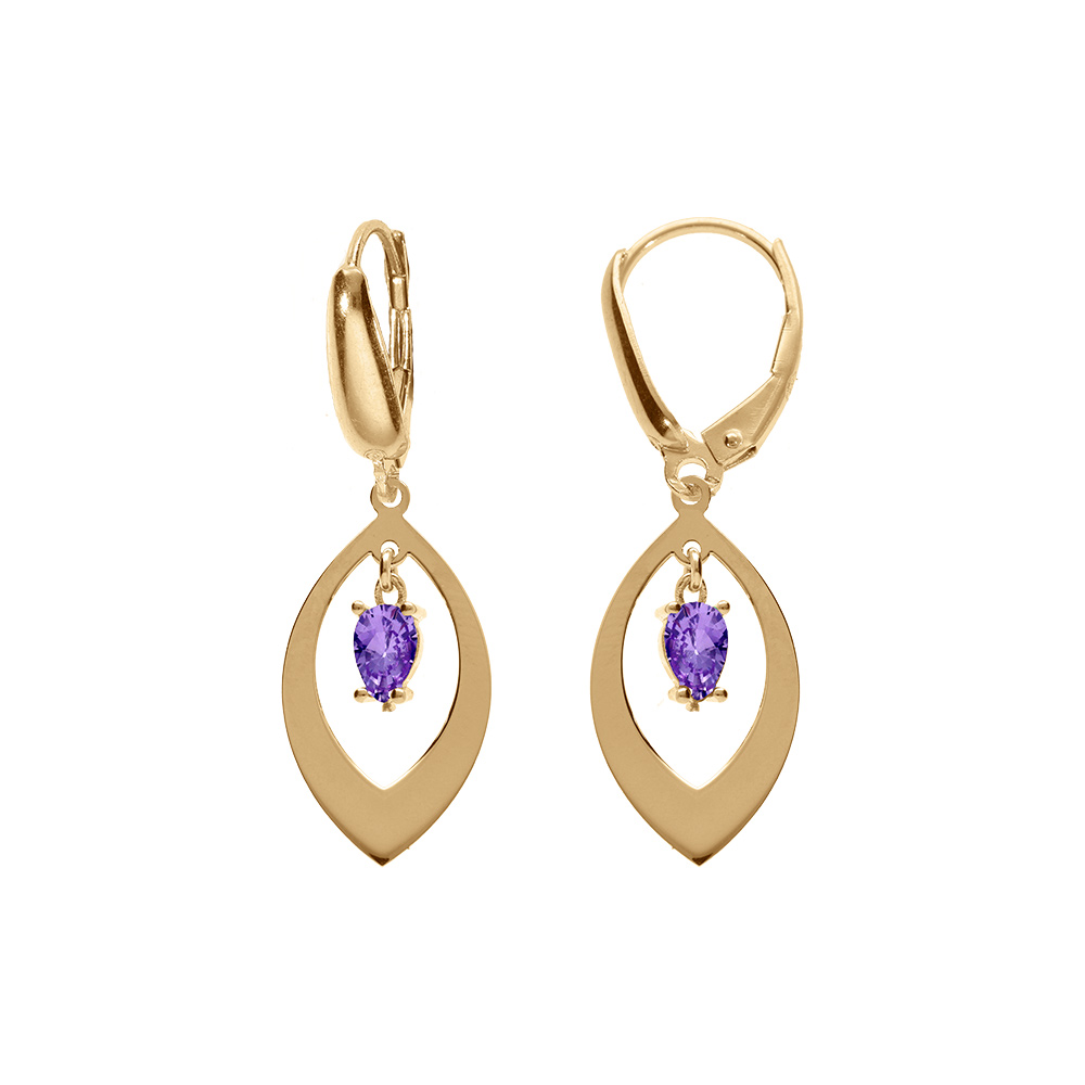 Boucles d\'oreille en argent dor� navette et oxyde violet pendant, fermoir dormeuse - Vue 1
