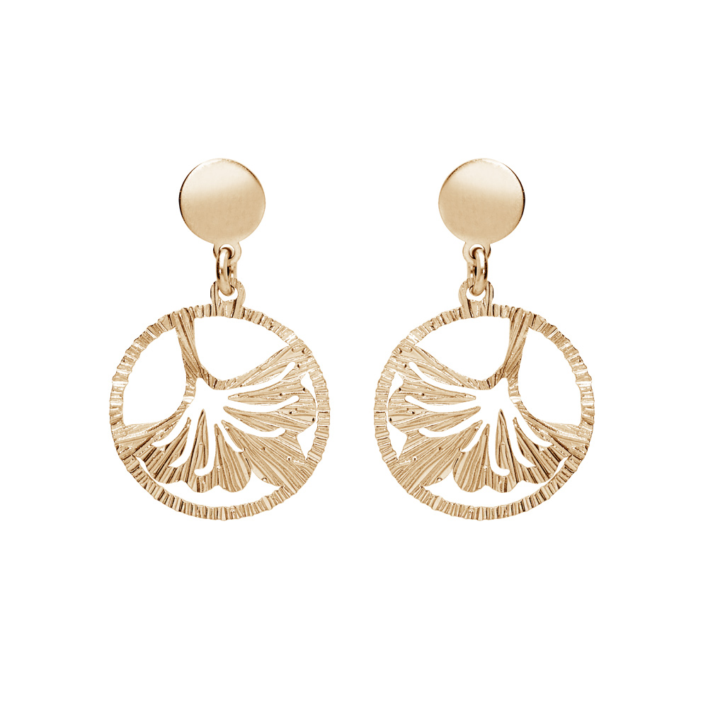 Boucles d\'oreille en argent et dorure jaune anneau suspendu 15mm ajour�e avec motif feuille et fermoir poussette - Vue 1