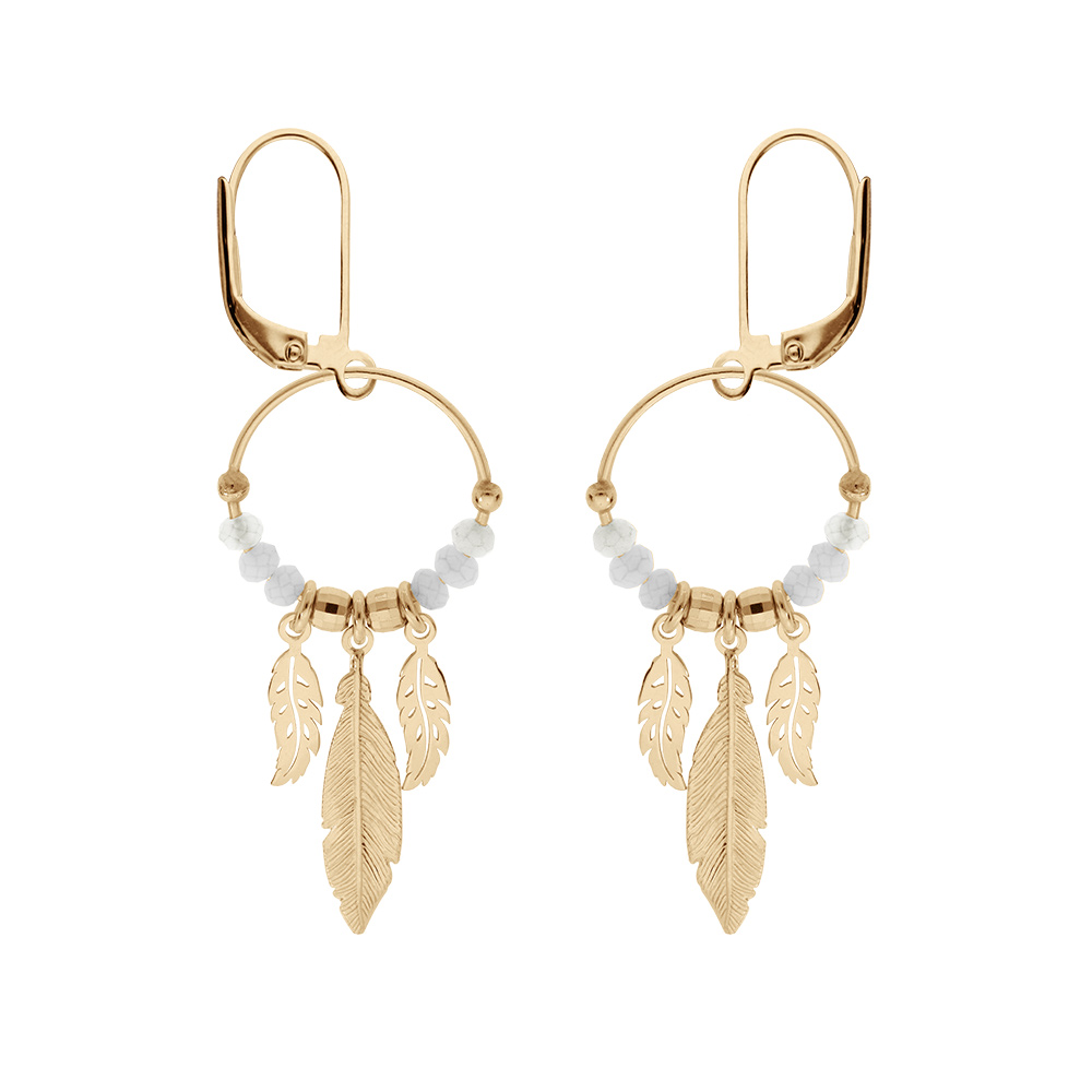 Boucles d\'oreille en argent et dorure jaune anneau suspendu 15mm avec boules lisses et blanches pampille 3 plumes fermoir dormeuse - Vue 1