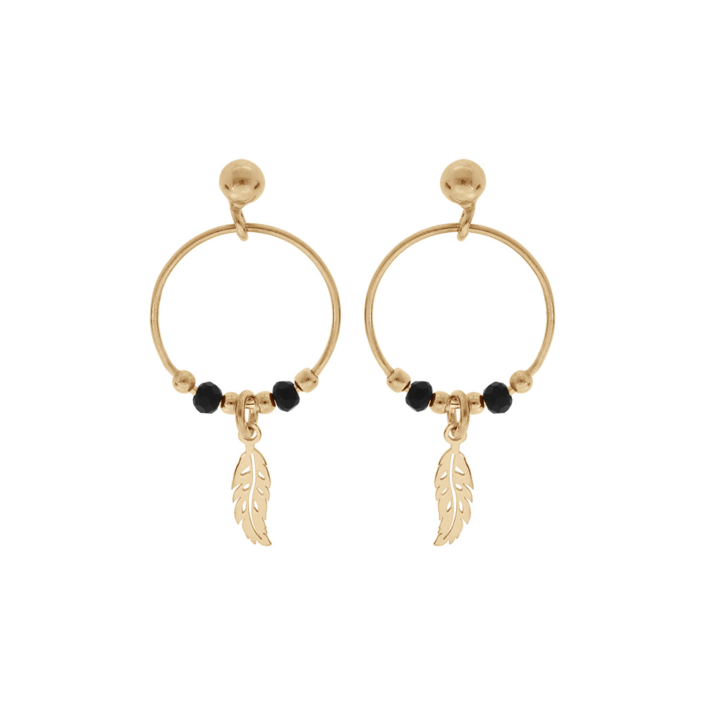 Boucles d\'oreille en argent et dorure jaune anneau suspendu 15mm avec boules lisses et noires pampille plume fermoir poussette - Vue 1