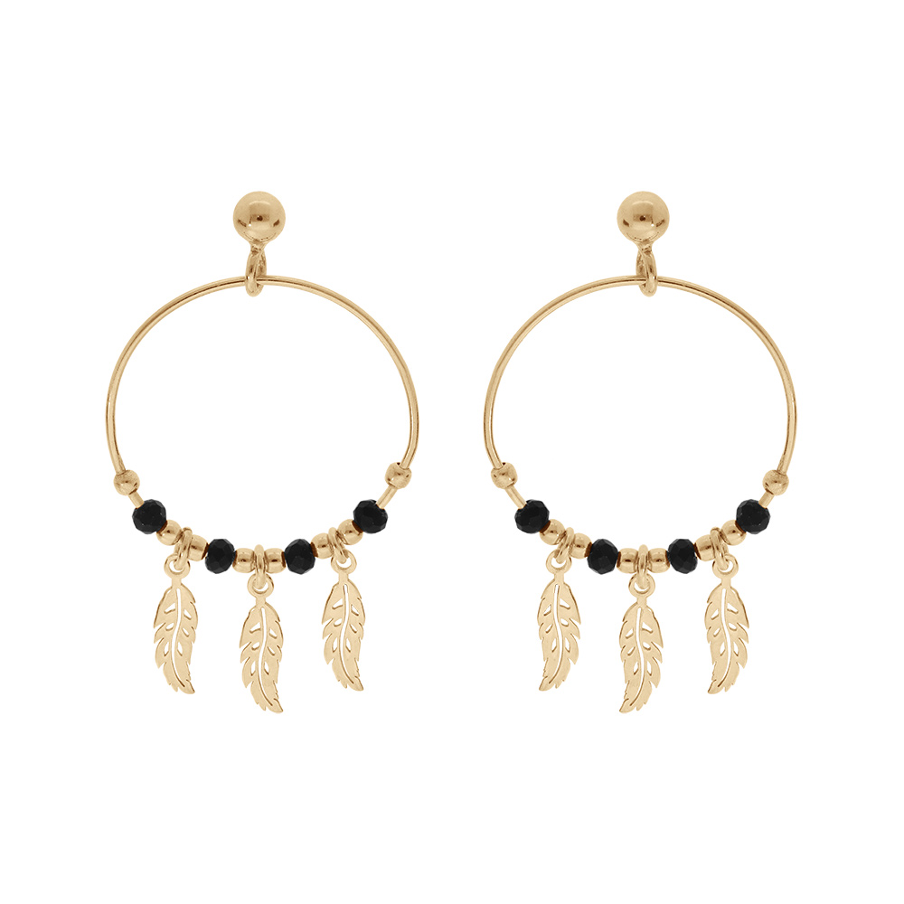 Boucles d\'oreille en argent et dorure jaune anneau suspendu 23mm avec boules lisses et noires pampille 3 plumes fermoir poussette - Vue 1