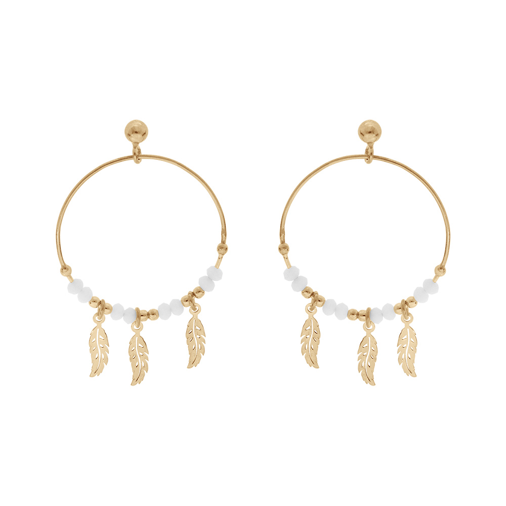 Boucles d\'oreille en argent et dorure jaune anneau suspendu 28mm boules lisses et blanches pampille 3 plumes fermoir poussette - Vue 1