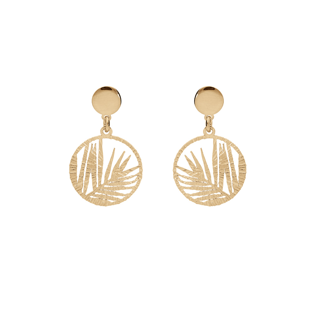 Boucles d\'oreille en argent et dorure jaune anneau suspendu ajour�e 15mm motif feuillage et fermoir poussette - Vue 1