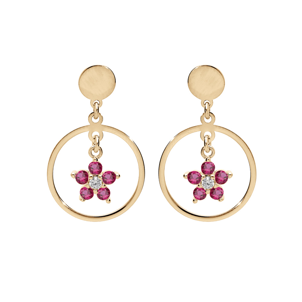 Boucles d\'oreille en argent et dorure jaune anneau suspendu avec �toile oxydes framboise et fermoir poussette - Vue 1