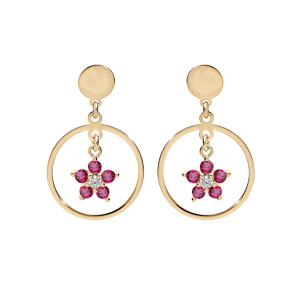 Boucles d\'oreille en argent et dorure jaune anneau suspendu avec toile oxydes framboise et fermoir poussette - Vue 1