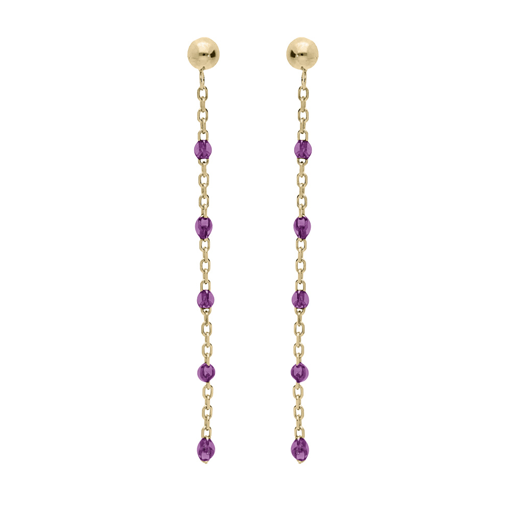 Boucles d\'oreille en argent et dorure jaune cha�nette avec olives couleur violet transparent et fermoir poussette - Vue 1